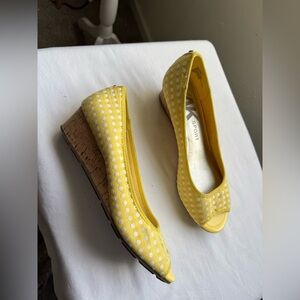 Anne Klein Sport Peep Toe Striped Cork Wedge shoes, white polka dot pattern. 9